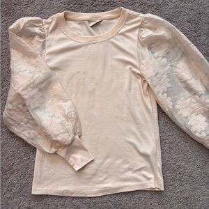 Cream Long Sleeve Top with Sheer Floral Sleeves